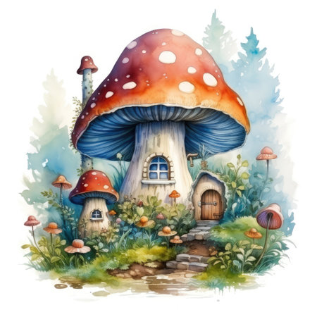 Fantasy mushroom house. Watercolor cartoon illustration isolated on white backgroundの素材