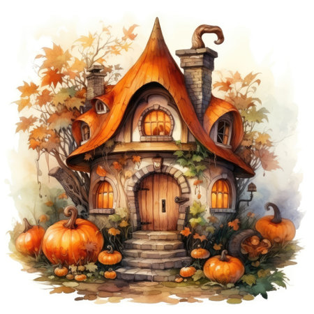 Pumpkin house in autumn forest. Watercolor cartoon illustrationの素材