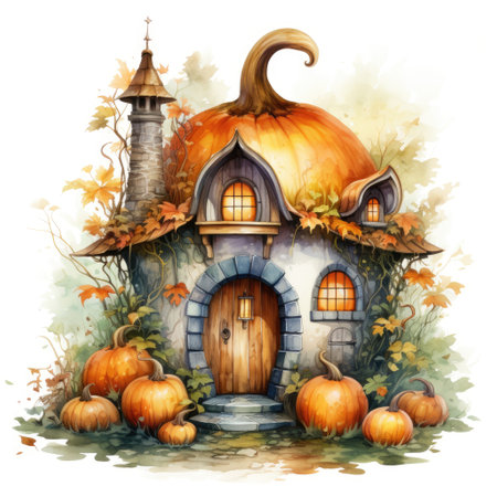 Pumpkin house in autumn forest. Watercolor cartoon illustrationの素材