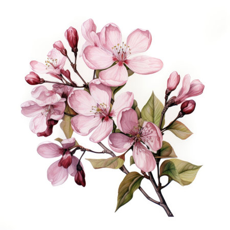 Branch of cherry blossoms with pink flowers on a white background. Watercolor illustrationの素材