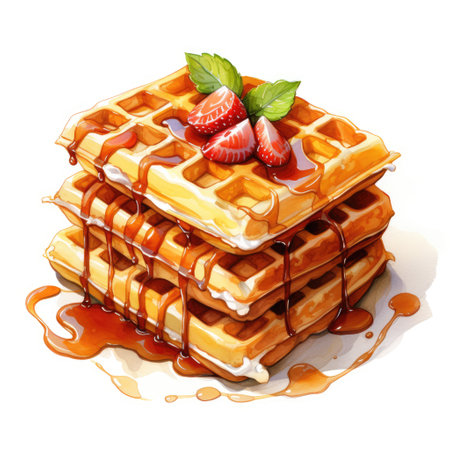 Waffles with strawberries and syrup on a white background. Watercolor illustrationの素材