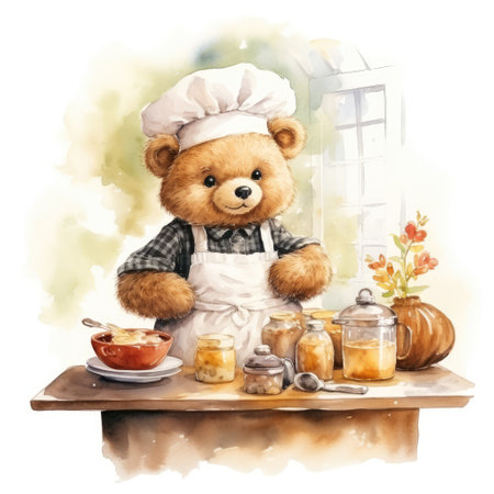 Cute bear in chef's hat and apron. Watercolor cartoon illustrationの素材