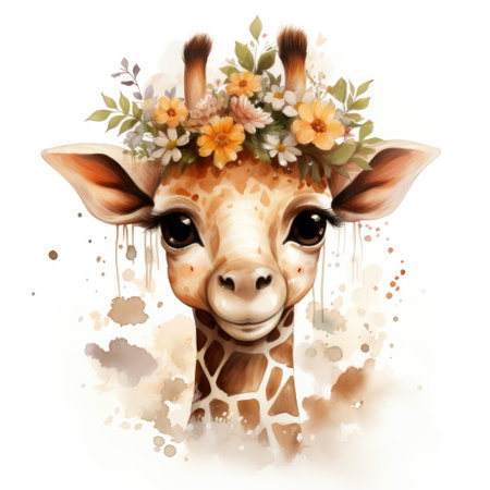Cute giraffe with floral wreath. Watercolor cartoon illustrationの素材