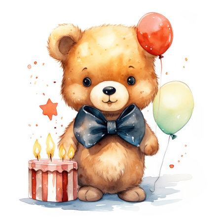 Cute toy bear with birthday cake and balloons. Watercolor cartoon illustrationの素材
