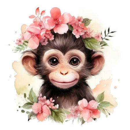 Cute monkey with floral wreath on white background. Watercolor cartoon illustrationの素材