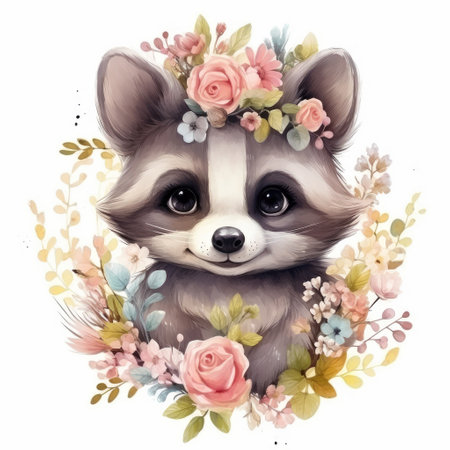 Portrait of cute raccoon with flowers. Watercolor cartoon illustration on white backgroundの素材