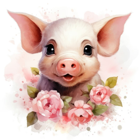 Portrait of cute little pig with flowers. Watercolor cartoon illustrationの素材