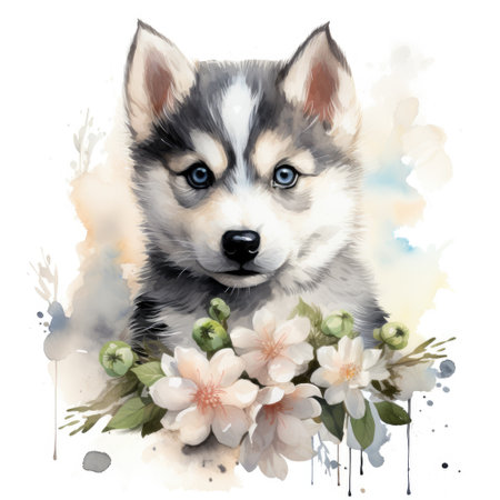 Cute siberian husky puppy with flowers. Watercolor illustrationの素材
