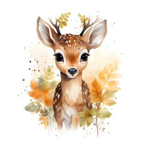 Cute fawn with autumn leaves isolated on white background. Watercolor cartoon illustrationの素材