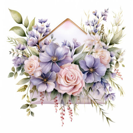 Bouquet of flowers in a paper envelope on a white background. Watercolor illustrationの素材