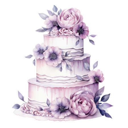 Wedding cake with flowers and leaves. Watercolor illustration.の素材