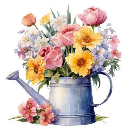 Watercolor watering can with flowers. Watercolor floral illustrationの素材