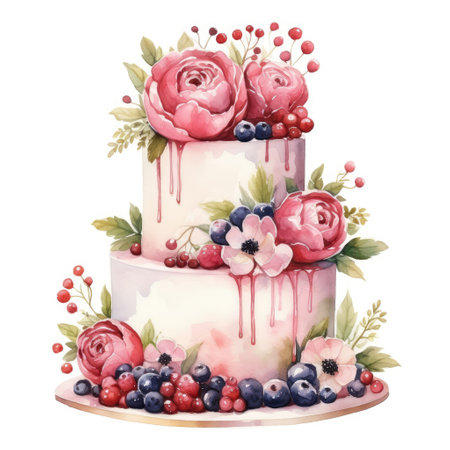 Wedding cake with flowers, leaves and berries. Watercolor illustration.の素材