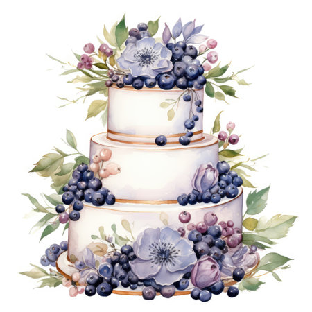Wedding cake with flowers and berries. Watercolor illustration.の素材