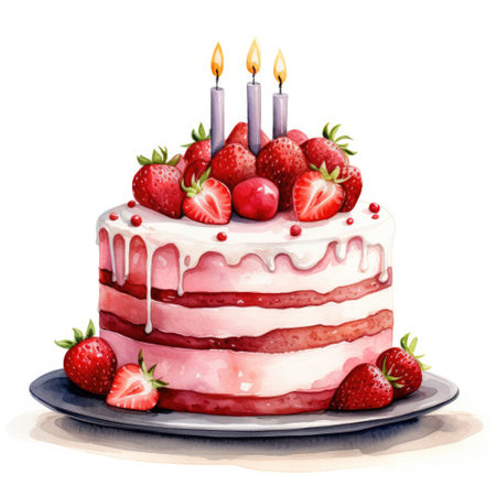 Birthday cake with strawberries and candles. Watercolor illustrationの素材