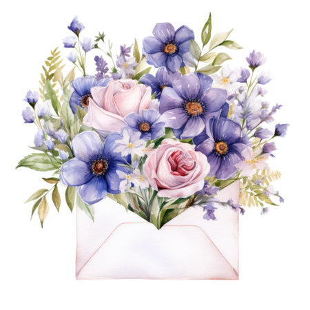 Bouquet of flowers in a paper envelope on a white background. Watercolor illustrationの素材