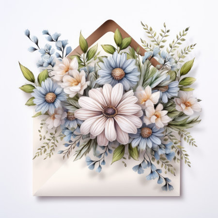 Bouquet of flowers in a paper envelope on a white background. Watercolor illustrationの素材
