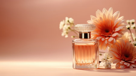 Mock up of glass bottle of perfume with flowers on pastel background. Peach Fuzz colorの素材