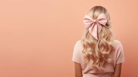 Back view of young beautiful woman with long curly hair and pink bow on her head. Peach Fuzz color backgroundの素材