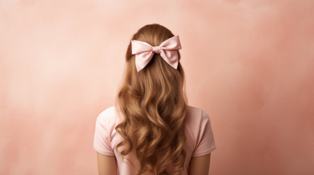Back view of young beautiful woman with long curly hair and pink bow on her head. Peach Fuzz color backgroundの素材