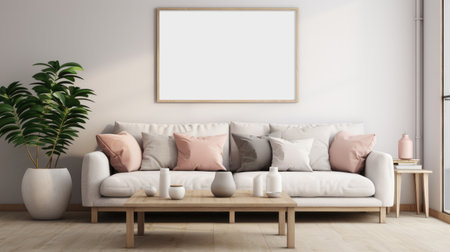 Interior of modern living room with white walls, wooden floor, comfortable white sofa with pink cushions and vertical mock up poster frame. 3d renderingの素材