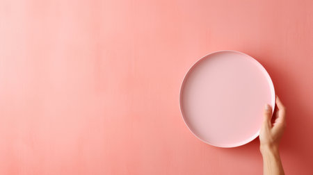 Female hand holding an empty pink plate on a pink background with copy space. Peach Fuzz color. Mock upの素材
