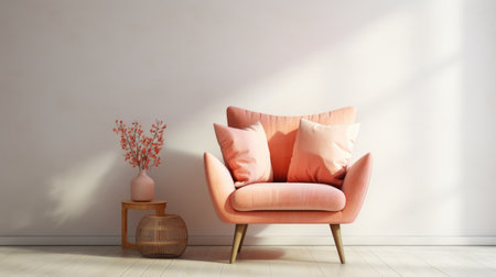Modern interior with pink armchair and vase. Peach Fuzz colorの素材