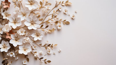 Paper white and gold flowers composition. Frame made of flowers on white background. Top view, copy spaceの素材