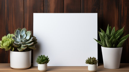 Empty blank white poster mockup with succulent plant on wooden table. Mockupの素材