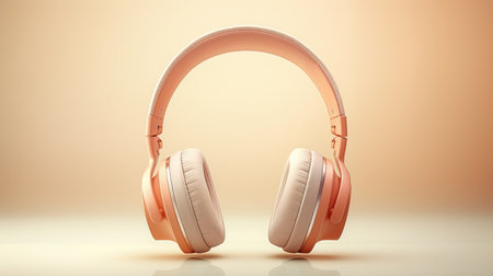 Headphones on orange background. Music concept. Peach Fuzz colorの素材