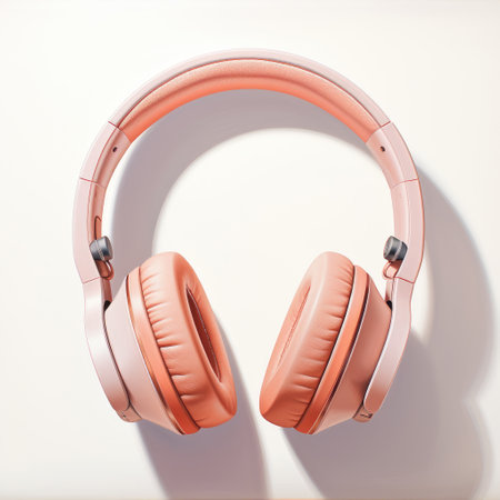 Modern pink headphones on a white background. Peach Fuzz colorの素材