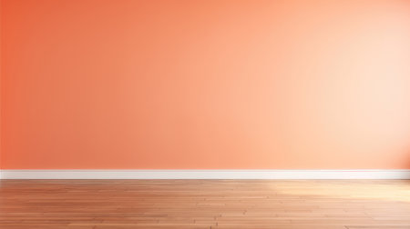 Empty room with orange wall and wooden floor. Peach Fuzz color. Mockupの素材