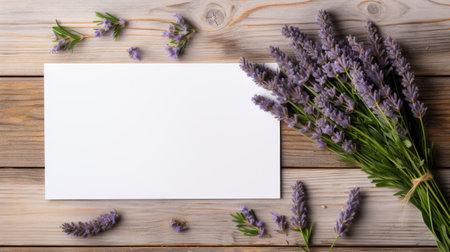 Lavender flowers with empty blank of greeting card on wooden background. Top view mock upの素材