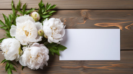 Bouquet of white peonies with empty blank of greeting card on wooden background. Top view mock upの素材