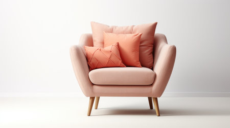 Armchair with pink pillows on white background. Peach Fuzz colorの素材
