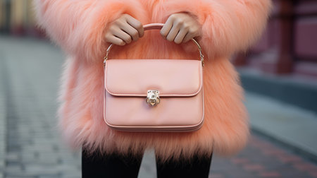 Fashionable woman in pink fur coat holding a pink handbag. Peach Fuzz colorの素材