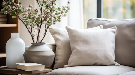 Comfortable sofa with pillows and vase with flowers in living room. Light neutral colorsの素材