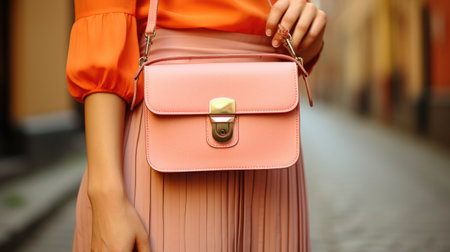 Close up of a woman's hand holding a pink leather handbag. Peach Fuzz colorの素材