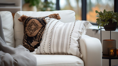 Comfortable sofa with pillows in living room, closeup view. Light neutral colorsの素材
