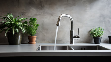 Modern kitchen sink and tap with running water and plant on gray wall backgroundの素材