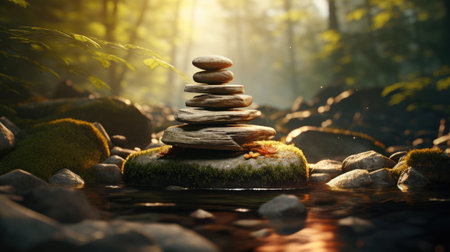 Stacked stones in the forest with sunbeams. Zen conceptの素材