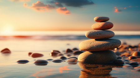 Zen stones on the beach at sunset. Zen and harmony concept.の素材