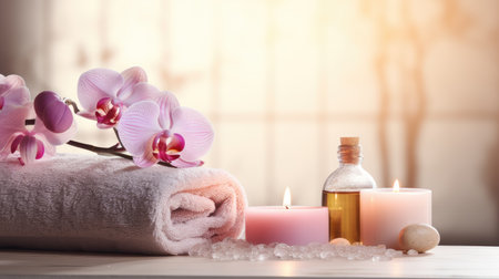 Spa still life with orchid flower, candles, oil and towel on tableの素材