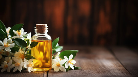 Essential oil with jasmine flowers on a wooden background copy spaceの素材