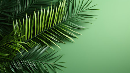 Tropical palm leaves on green background, space for textの素材