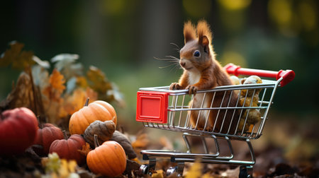Squirrel in a small shopping cart on a background of autumn leaves and pumpkinsの素材