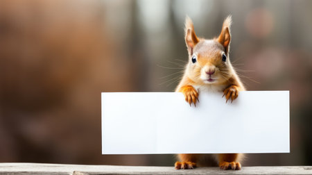 Cute squirrel with empty mock up sign in forest. Space for textの素材