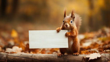 Cute squirrel with empty mock up sign in autumn forest. Space for textの素材