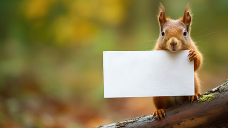 Cute squirrel with empty mock up sign in forest. Space for textの素材