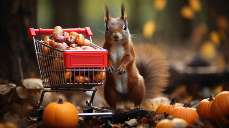 Red squirrel near a small shopping cart with nuts on the background of autumn leaves.の素材
